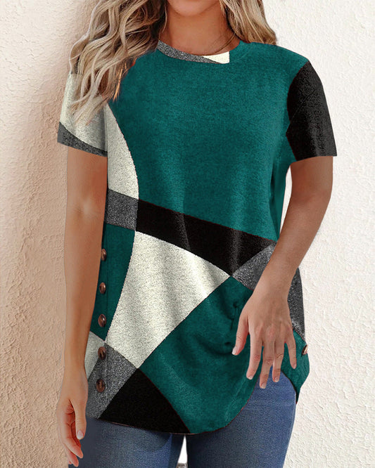 Contrast T-shirt with Geometric Print Blue 23BF clothes Short Sleeve Tops T-shirts Tops/Blouses