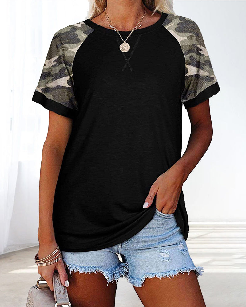 Camouflage print round neck short sleeve t-shirt Dark Green 23BF clothes Short Sleeve Tops Summer T-shirts Tops/Blouses