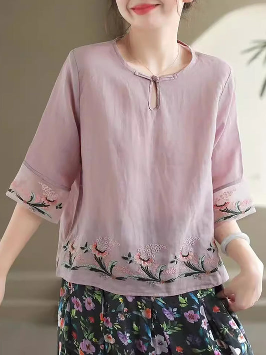 Audrey® | Frauen Sommer Vintage Floral Stickerei Ramie Shirt