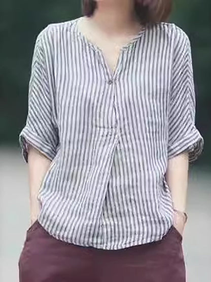 Hallie® | Women Casual Stripe Sommer Leinen V-Ausschnitt Shirt