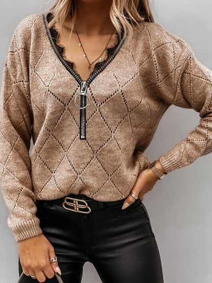 Sweaters Casual Zipper Lace V-Neck Sweater - LuckyFash™