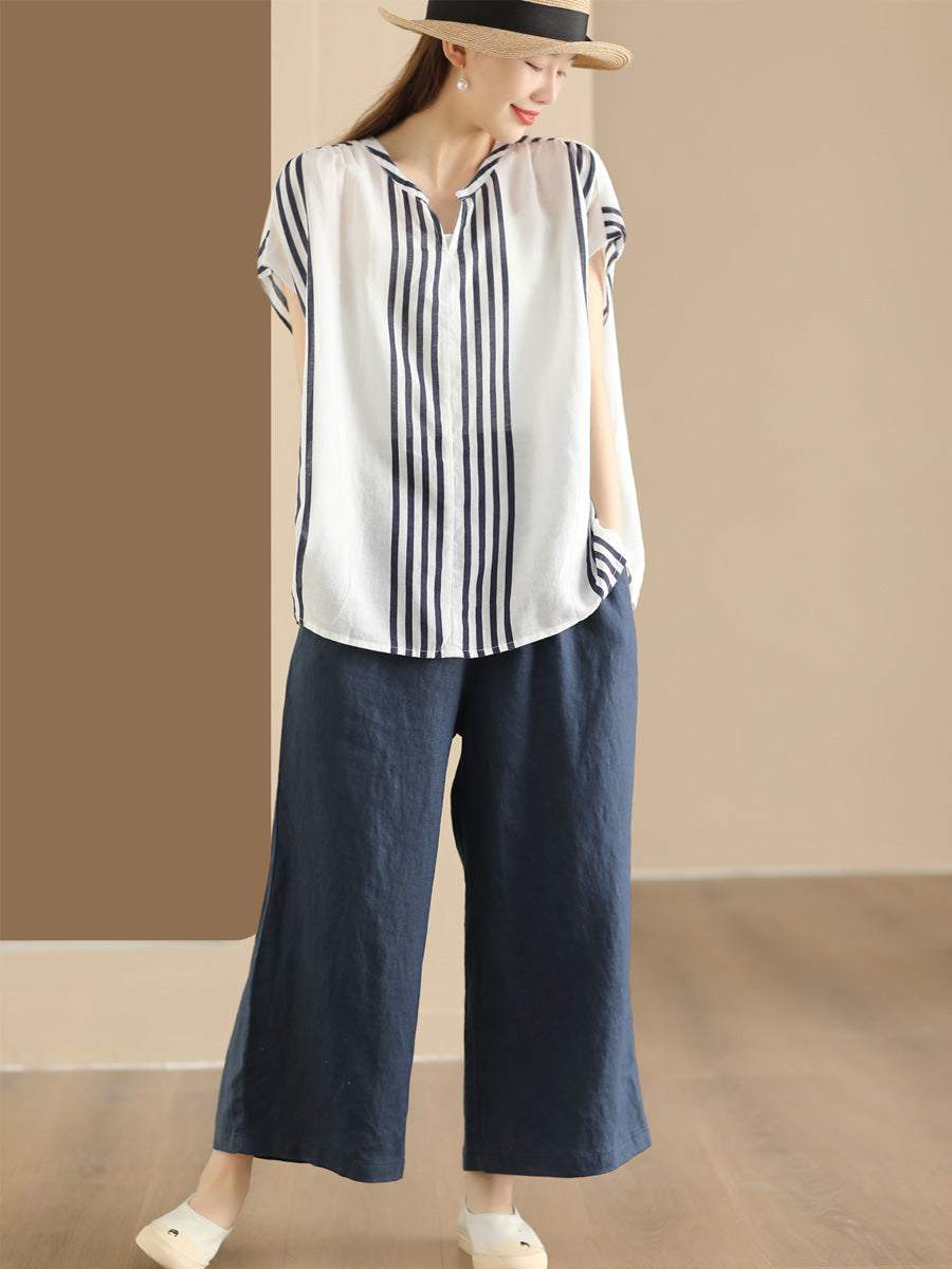 Adison® | Women Summer Artsy Stripe V-Neck Thin Linen Shirt CV1053