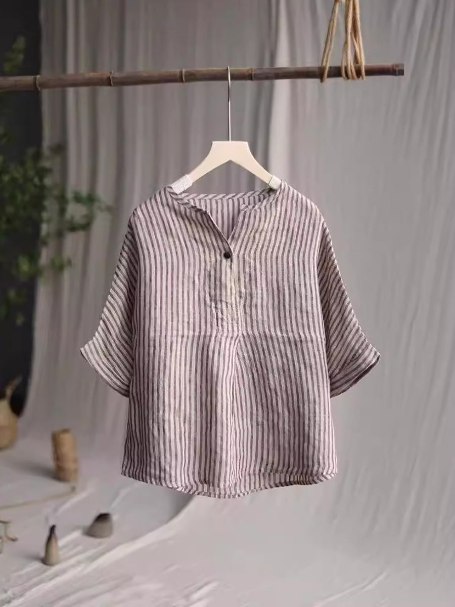 Hallie® | Women Casual Stripe Sommer Leinen V-Ausschnitt Shirt