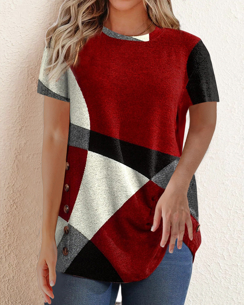 Contrast T-shirt with Geometric Print Red 23BF clothes Short Sleeve Tops T-shirts Tops/Blouses