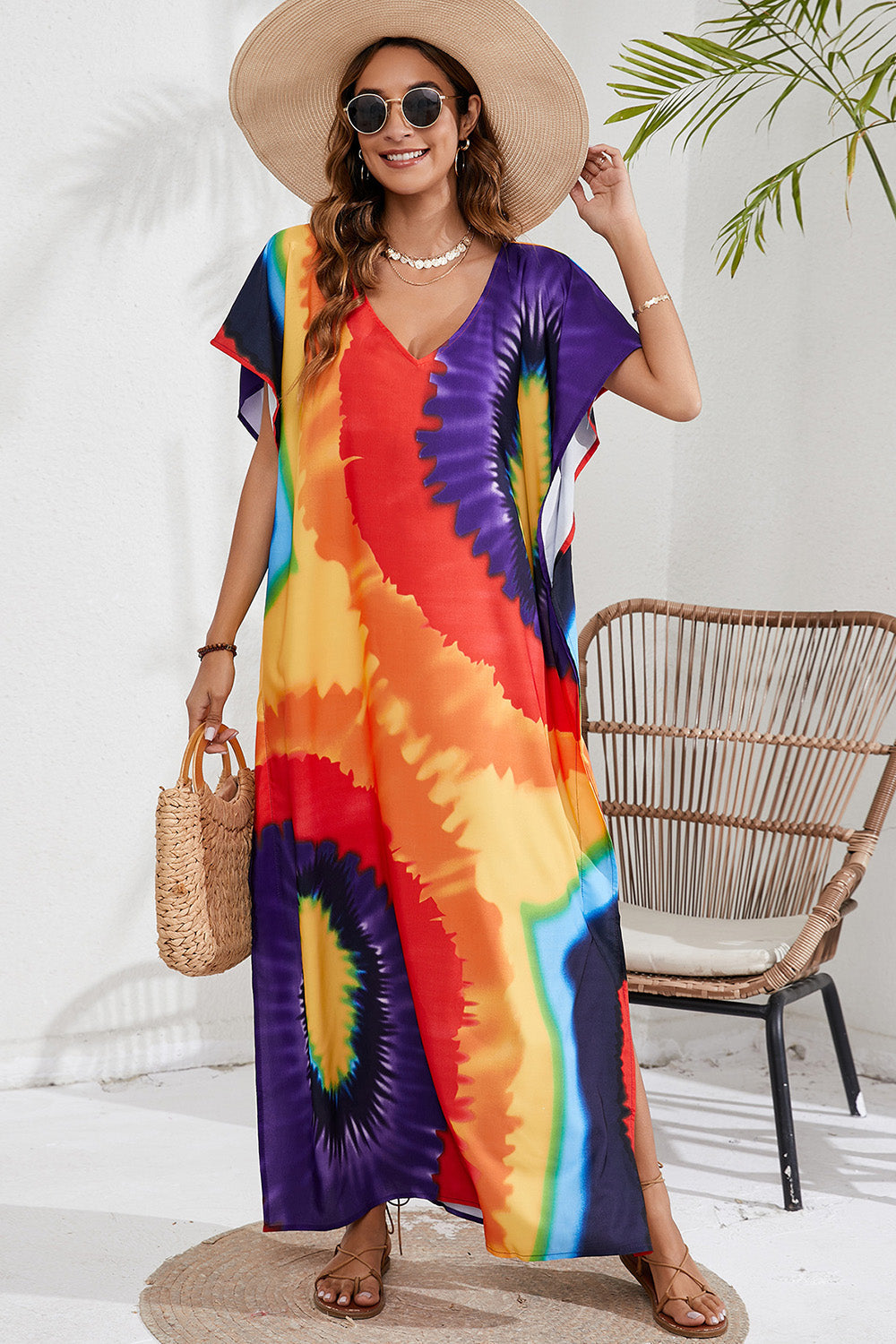 Colorful Printed V-Neck Short Sleeve Cover Up With Side Slit (12 Color Designs) swimwear Krazy Heart Designs Boutique