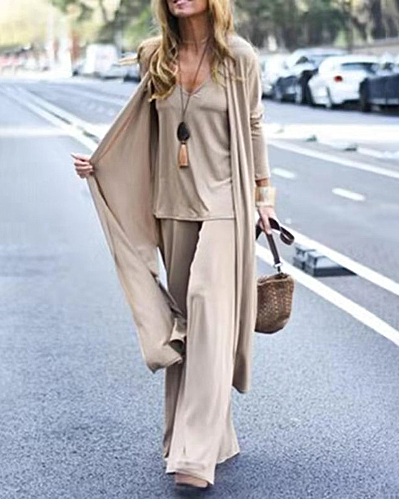 3 piece lounge set with cardigan sleeveless cami top and wide leg pants loose pants silk soft pajamas set