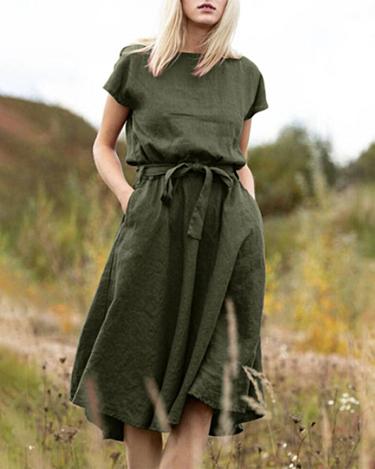 Solid Color A Line Short Sleeve Crew Neck Dress With Belt