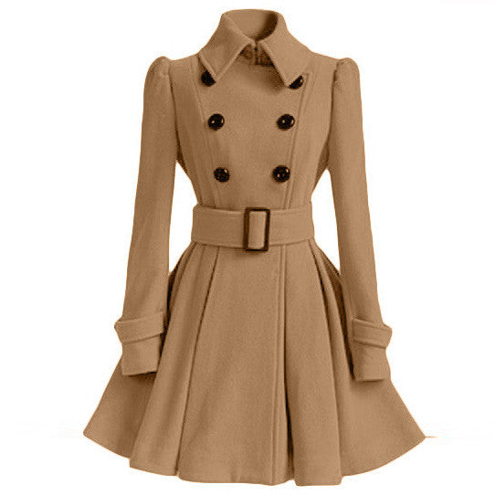 Flared Hem Turn-down Collar Slim Double Button Wool Coat With Belt