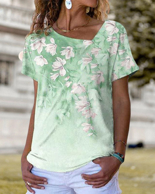 V-neck T shirt with Floral Print Gray 23BF clothes Short Sleeve Tops T-shirts Tops/Blouses