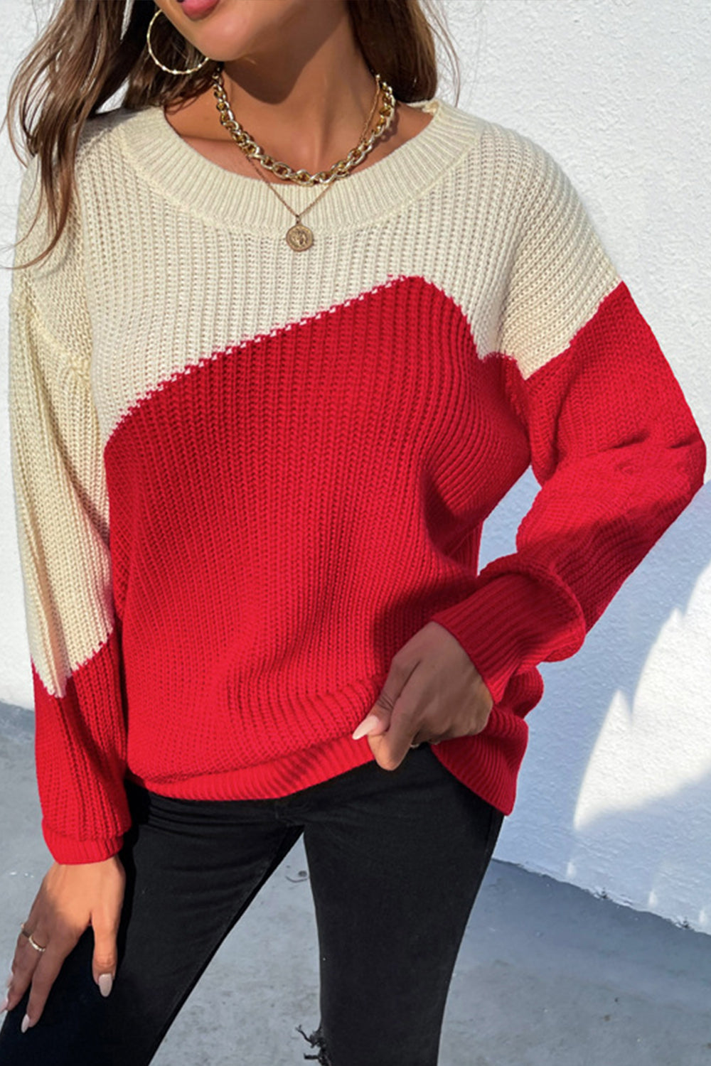 Round Neck Contrast Patchwork Pullover