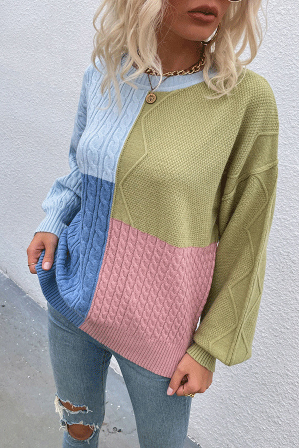 Contrast Patchwork Twist Lantern Sleeve Sweater