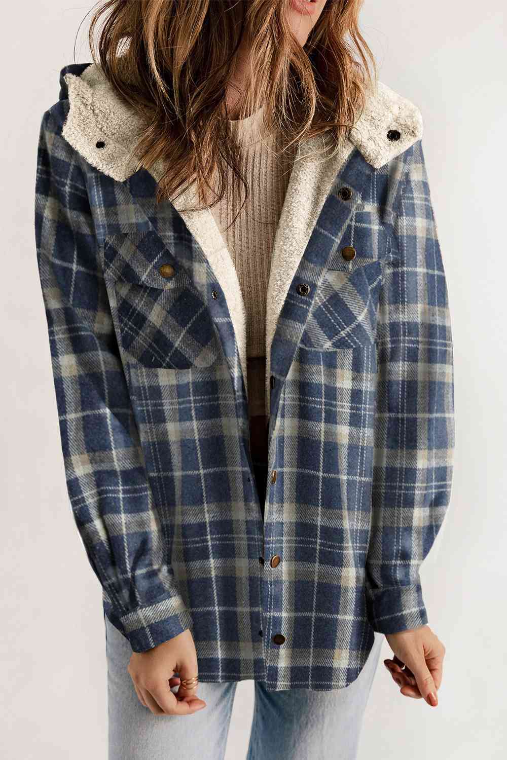 Plaid Snap Down Hooded Jacket - BEYOND FASHION