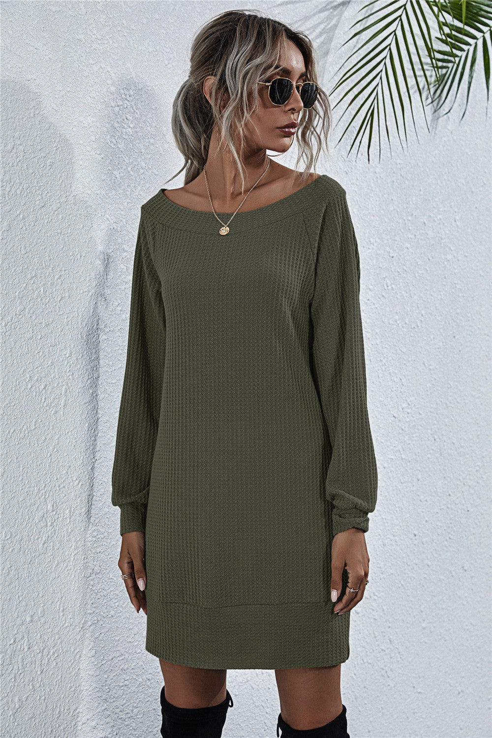 Dark Slate Gray Here For The View Waffle-Knit Boat Neck Mini Dress