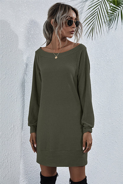 Dark Slate Gray Here For The View Waffle-Knit Boat Neck Mini Dress