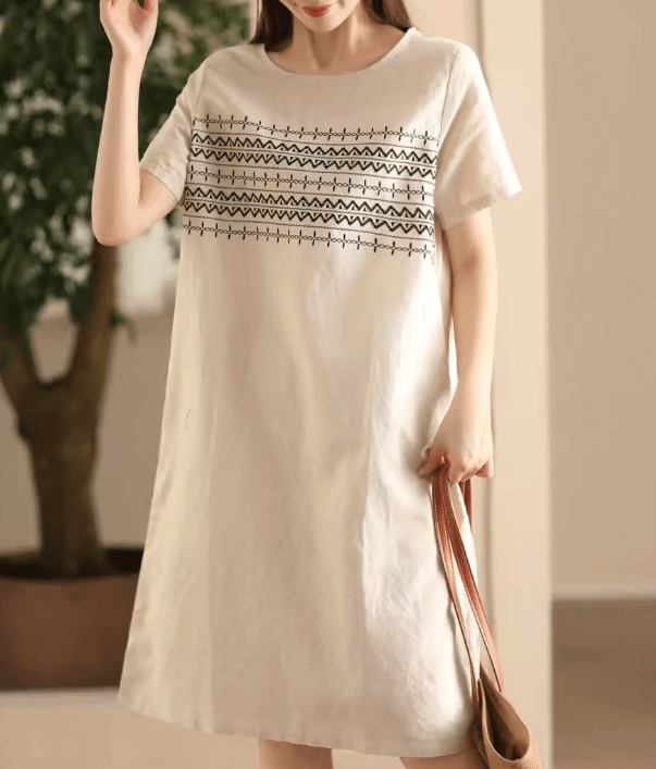 Babakud Women Summer Vintage Cotton Linen Embroidered Dress