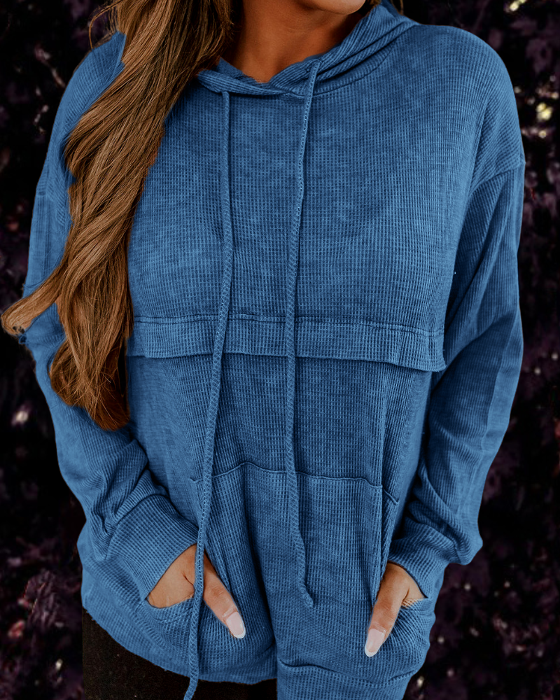 Color-Dark Grey-Ladies Loose Waffle Cotton Loose Kangaroo Pocket Hooded-Fancey Boutique