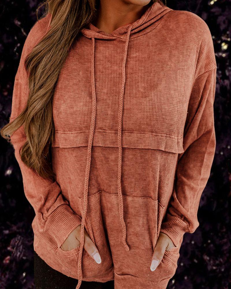 Color-Orange-Ladies Loose Waffle Cotton Loose Kangaroo Pocket Hooded-Fancey Boutique