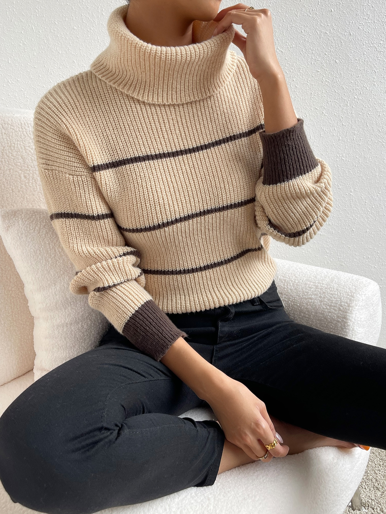 Color-Casual Striped Contrast Color Top High Necked All Matching Casual Sweater Loose Sweater-Fancey Boutique