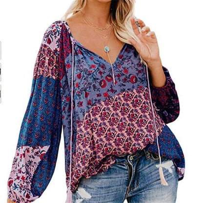 Gema | Frauen Boho Baggy Floral Langarm Bluse