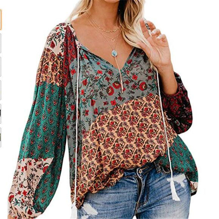 Gema | Frauen Boho Baggy Floral Langarm Bluse