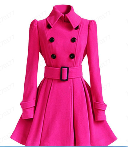 Flared Hem Turn-down Collar Slim Double Button Wool Coat With Belt