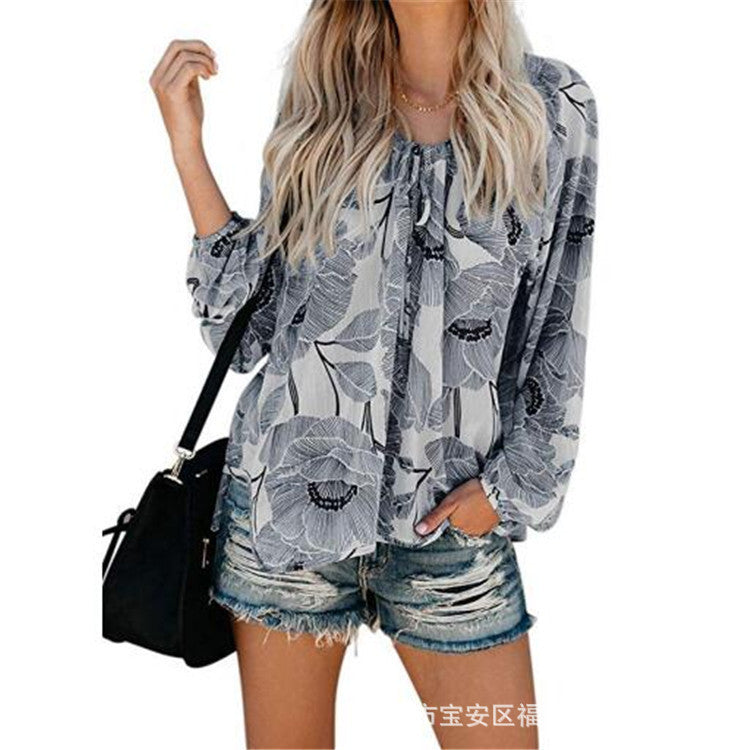 Gema | Frauen Boho Baggy Floral Langarm Bluse