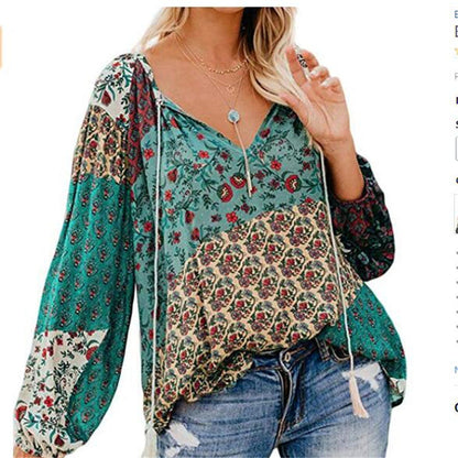 Gema | Frauen Boho Baggy Floral Langarm Bluse