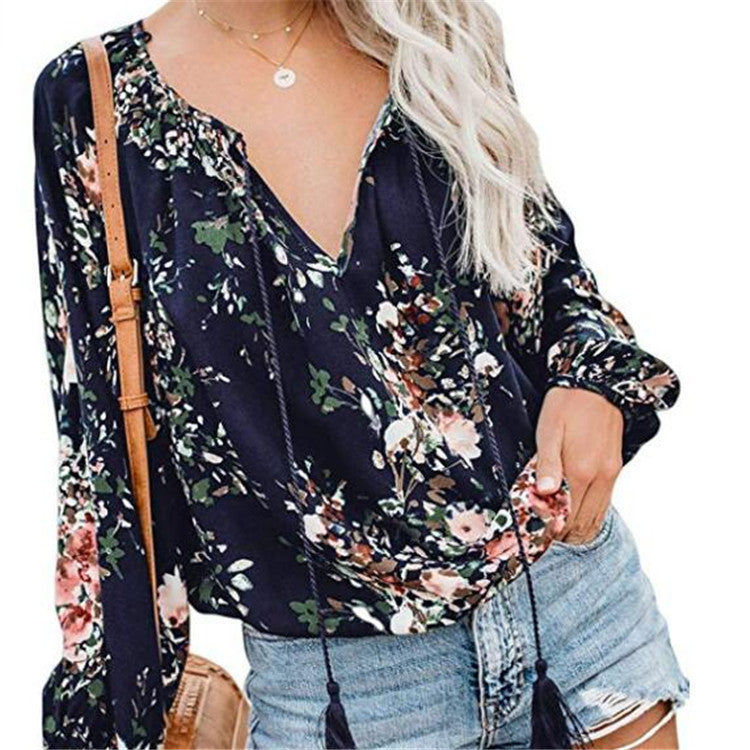 Gema | Frauen Boho Baggy Floral Langarm Bluse