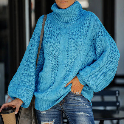 Turtleneck Balloon Sleeve Cable Knitted Sweater