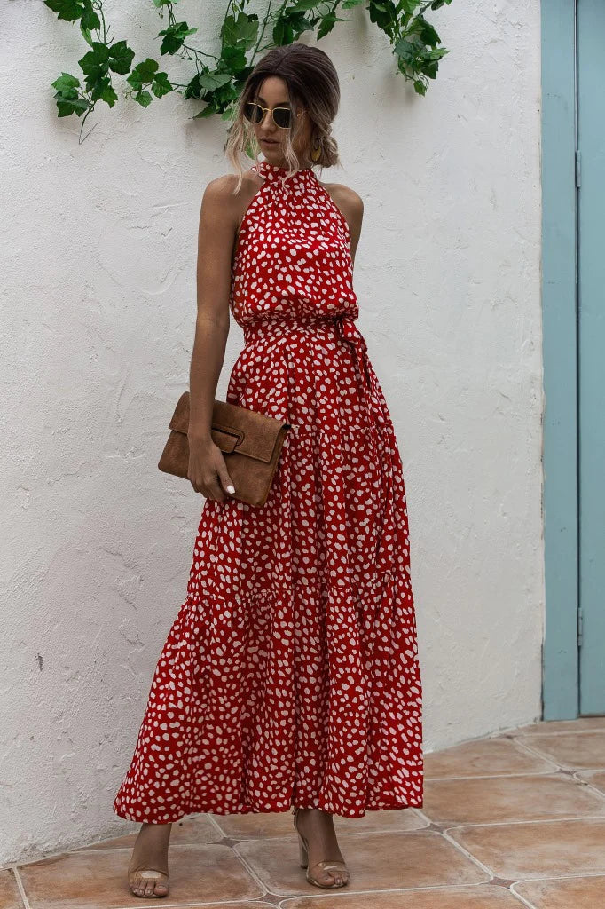 Eleanor| Color Dot Printed Halter Tied Long Dresses