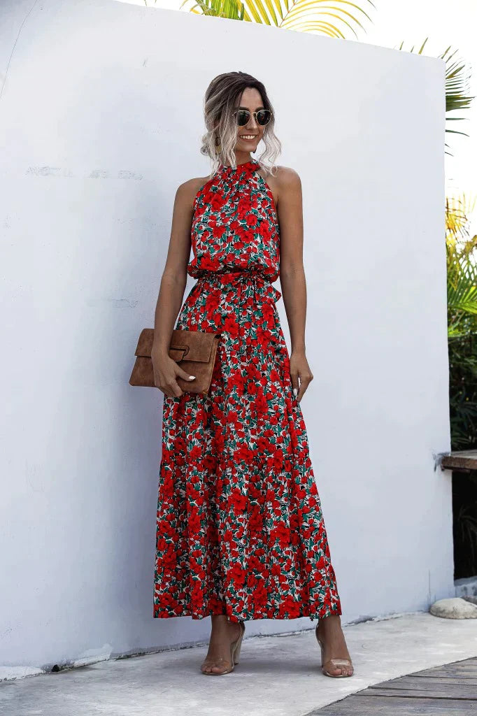 Eleanor| Color Dot Printed Halter Tied Long Dresses