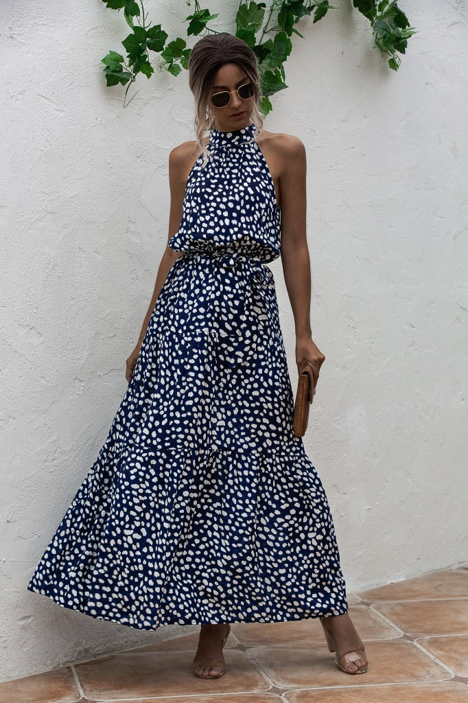 Eleanor| Color Dot Printed Halter Tied Long Dresses