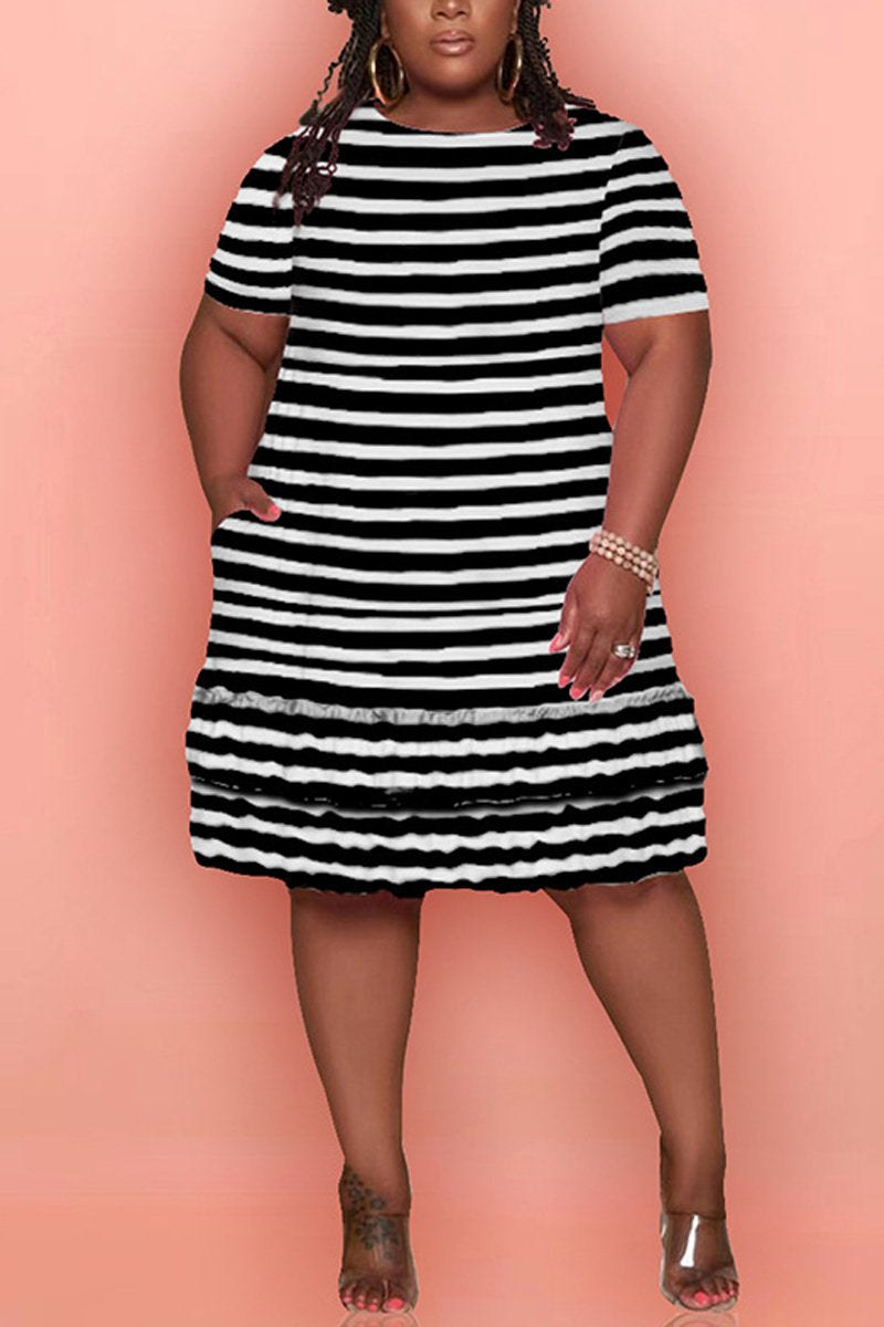 Rodress-freeshipping-stripe-print-plus-size-ruffled-hem-midi-dress