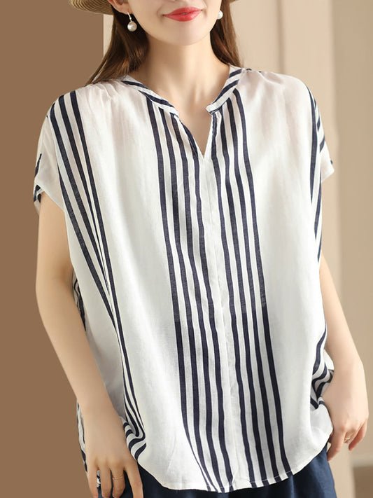 Adison® | Women Summer Artsy Stripe V-Neck Thin Linen Shirt CV1053