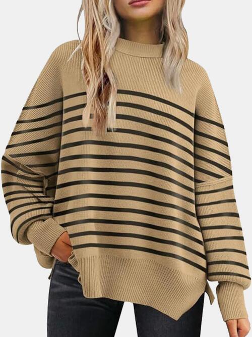 13 Colors - Round Neck Drop Shoulder Slit Sweater Ti Amo I love you