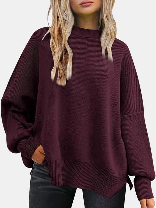 13 Colors - Round Neck Drop Shoulder Slit Sweater Ti Amo I love you