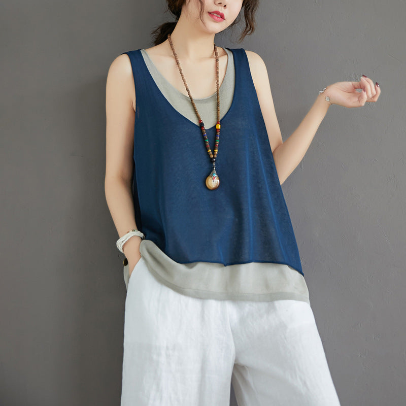 Casual Summer Fake Two Pieces Linen Women Vest Tops-Shirts & Tops-Black-One Size-Free Shipping Leatheretro