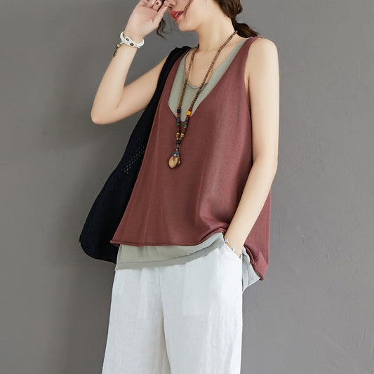 Casual Summer Fake Two Pieces Linen Women Vest Tops-Shirts & Tops-Black-One Size-Free Shipping Leatheretro