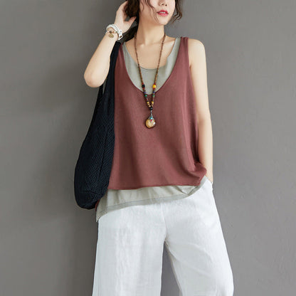 Casual Summer Fake Two Pieces Linen Women Vest Tops-Shirts & Tops-Black-One Size-Free Shipping Leatheretro