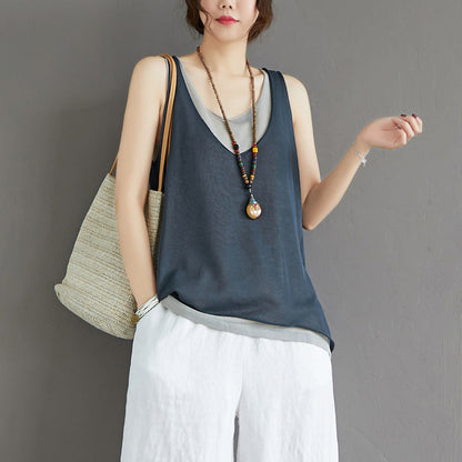 Casual Summer Fake Two Pieces Linen Women Vest Tops-Shirts & Tops-Black-One Size-Free Shipping Leatheretro