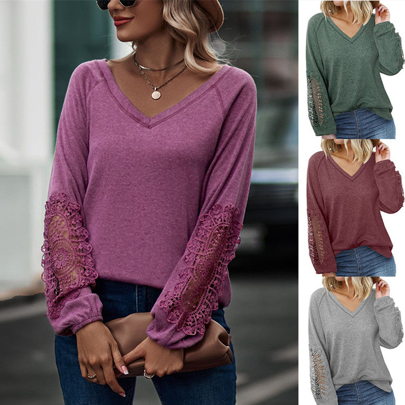 Women’s V-Neck Long Sleeve Top with Lace Detail in 5 Colors Sizes 4-20 - Wazzi's Wear