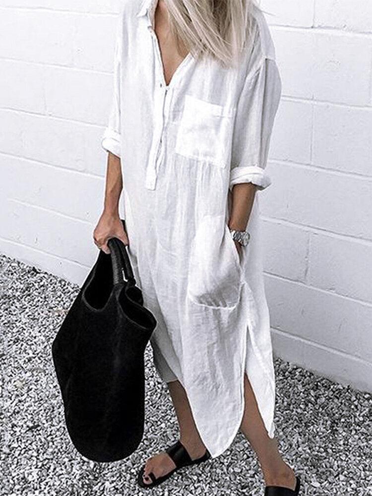 Stylish Button-up Women's Shirt Dress with Lapel Collar and Irregular Hem in Solid Color - Trendha