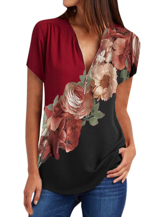 Women’s Short Sleeve Floral Top with Zipper S-5XL - Wazzi's Wear