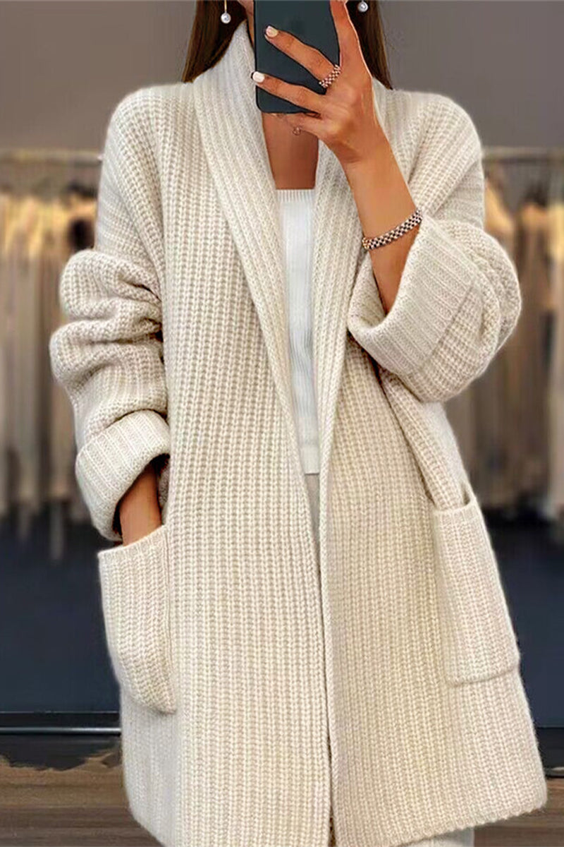 Casual Simplicity Solid Pocket Weave Cardigan Collar Outerwear Camel