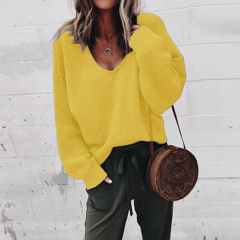 V-neck Bright Color Pullover Sweater 