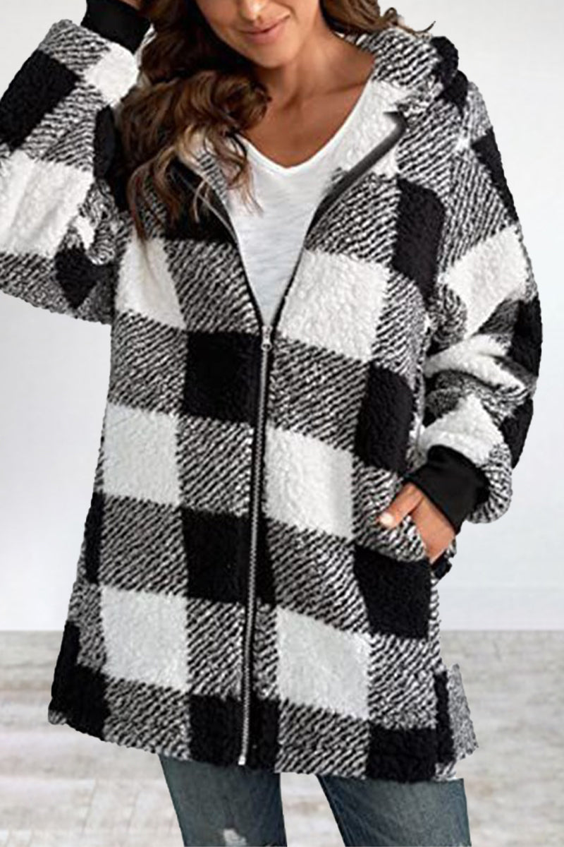 Casual Plaid Frenulum Contrast Zipper Hooded Collar Outerwear Furdela