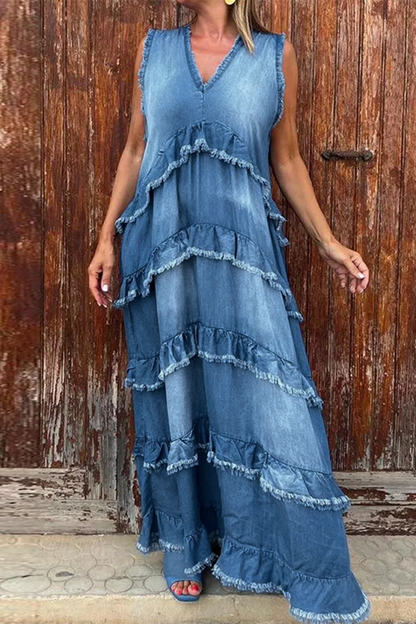 Casual Solid Color Distressed Ruffle V Neck Sleeveless Loose Denim Dresses