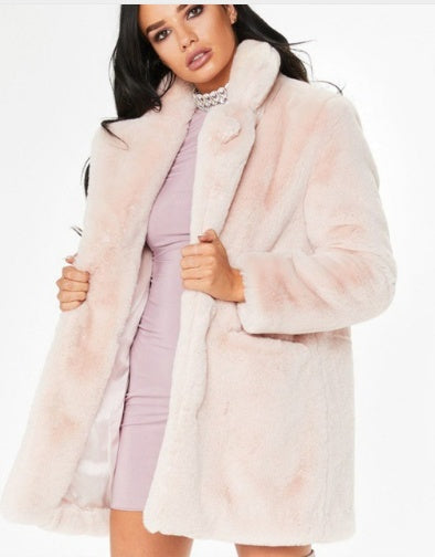 Women’s Faux Fur Coat with Lapel and Pockets