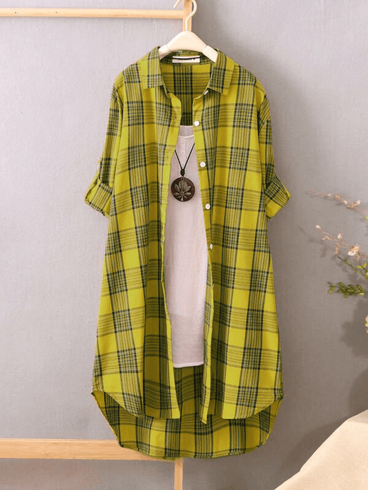 Women Plaid Lapel Collar Long Sleeve Casual Long Shirts - MRSLM