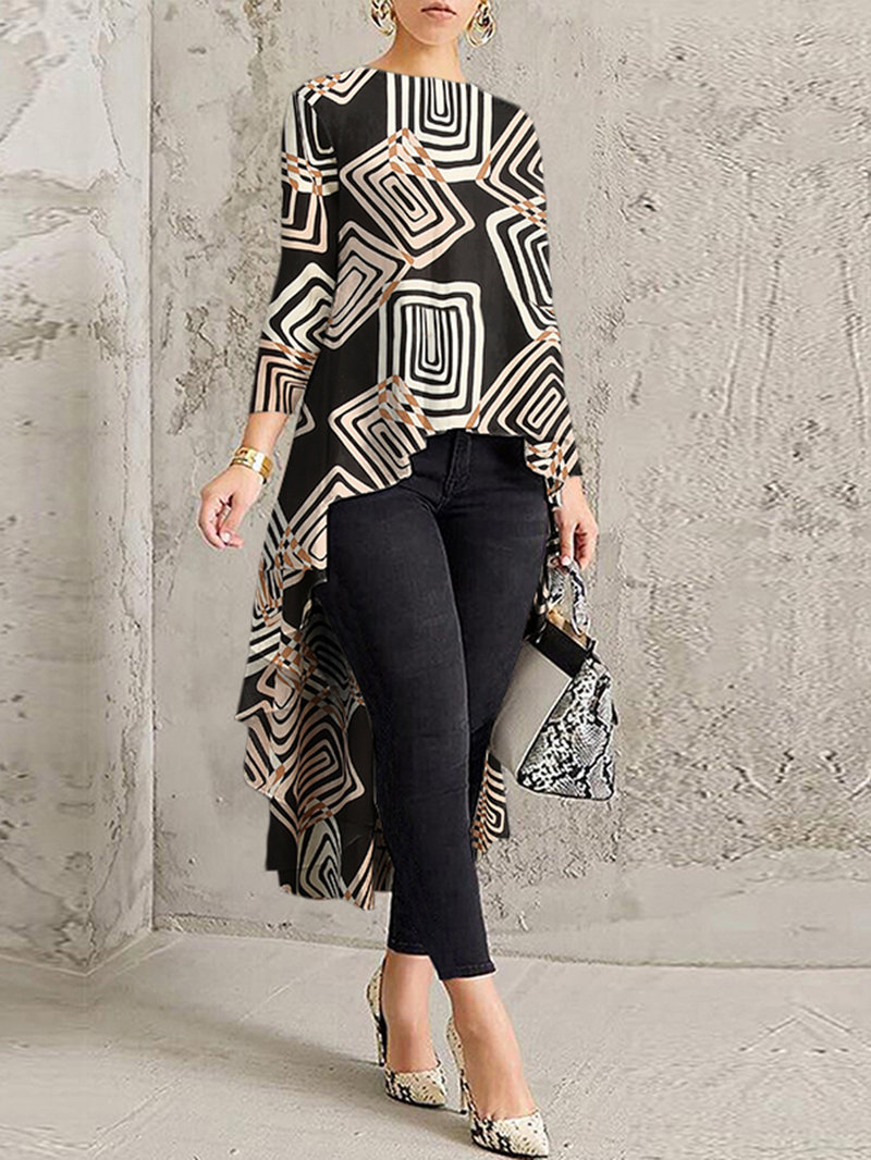 Geometric Printed Irregular Hem O-Neck Casual Long Sleeve Blouse for Women dylinoshop